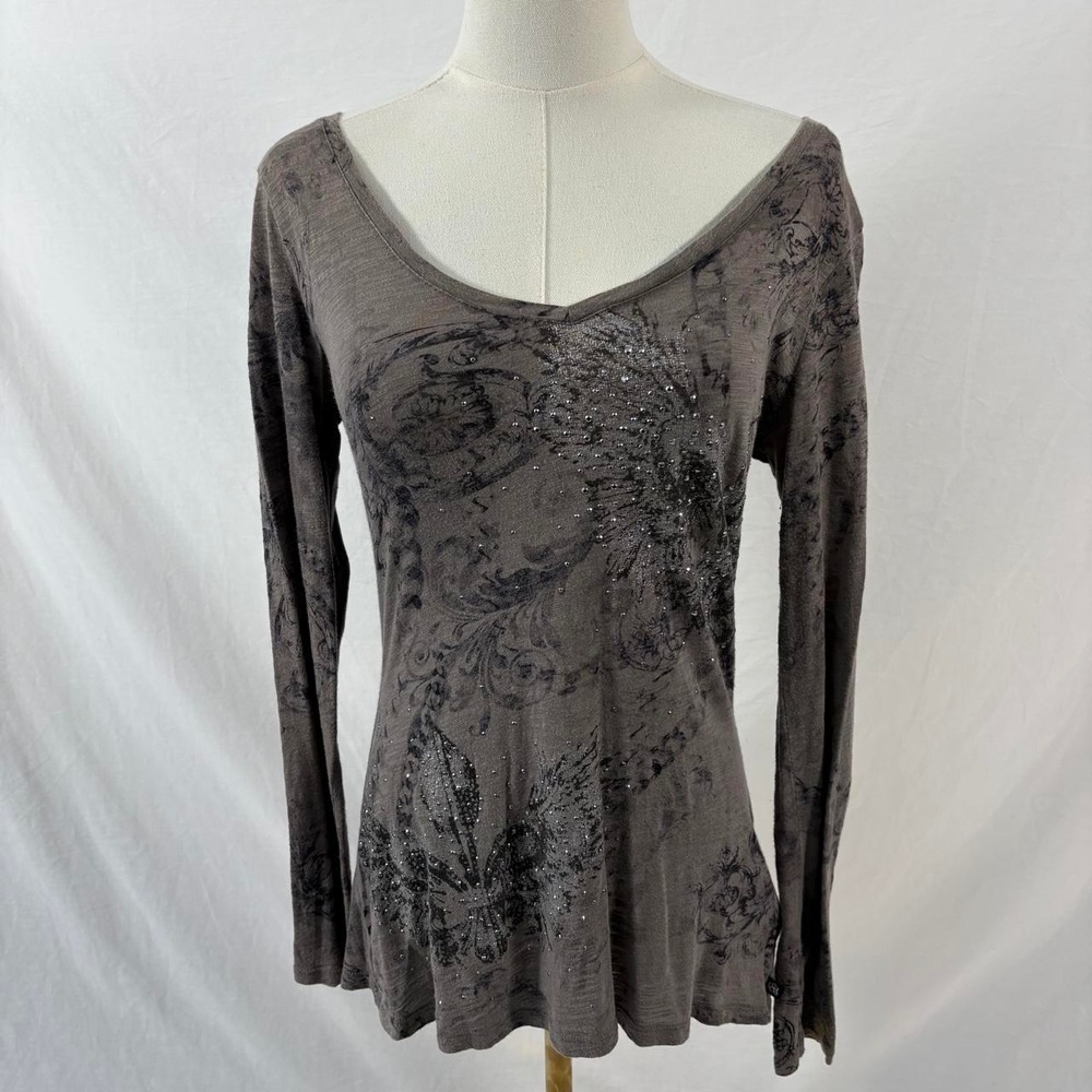 Rock & Republic grey brown rhinestone grunge long sleeve shirt size XS